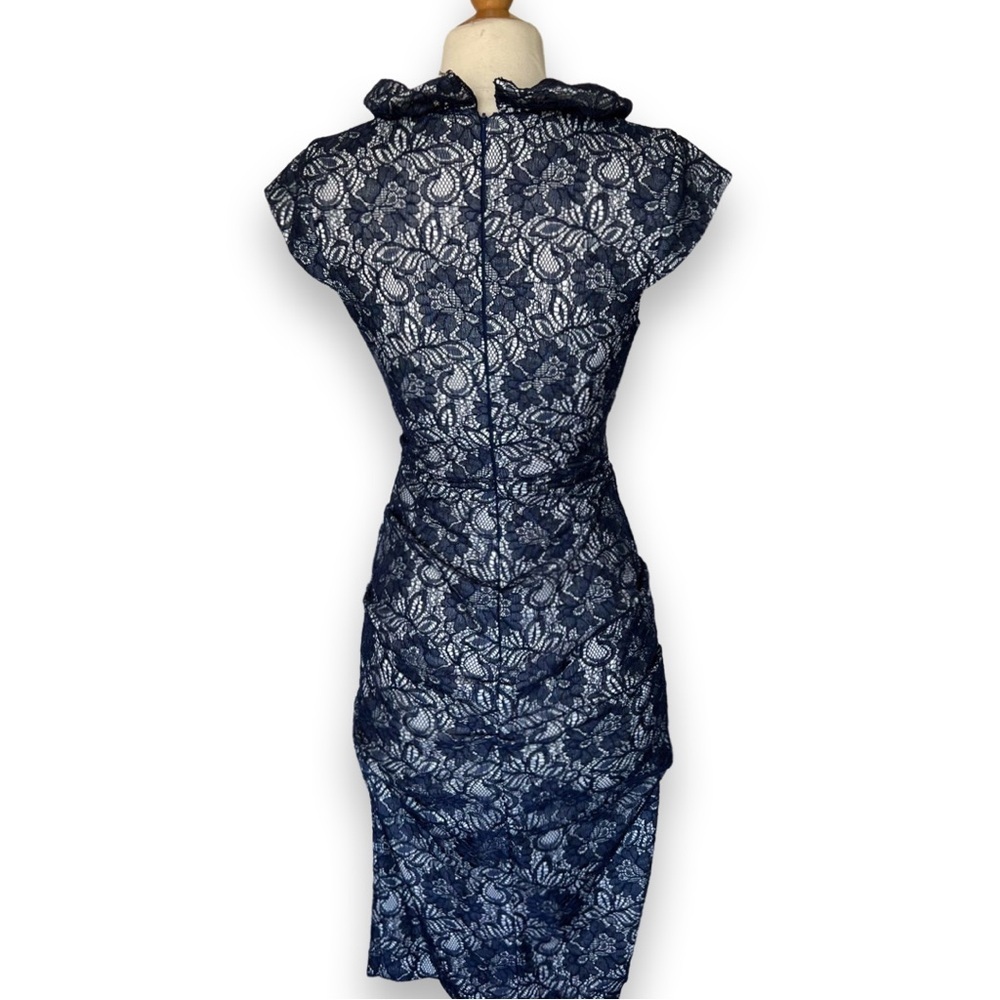 Xscape Lace midi dress ruffle shaping Bodycon cap sleeve ruched dark blue size 4 - Picture 5 of 9